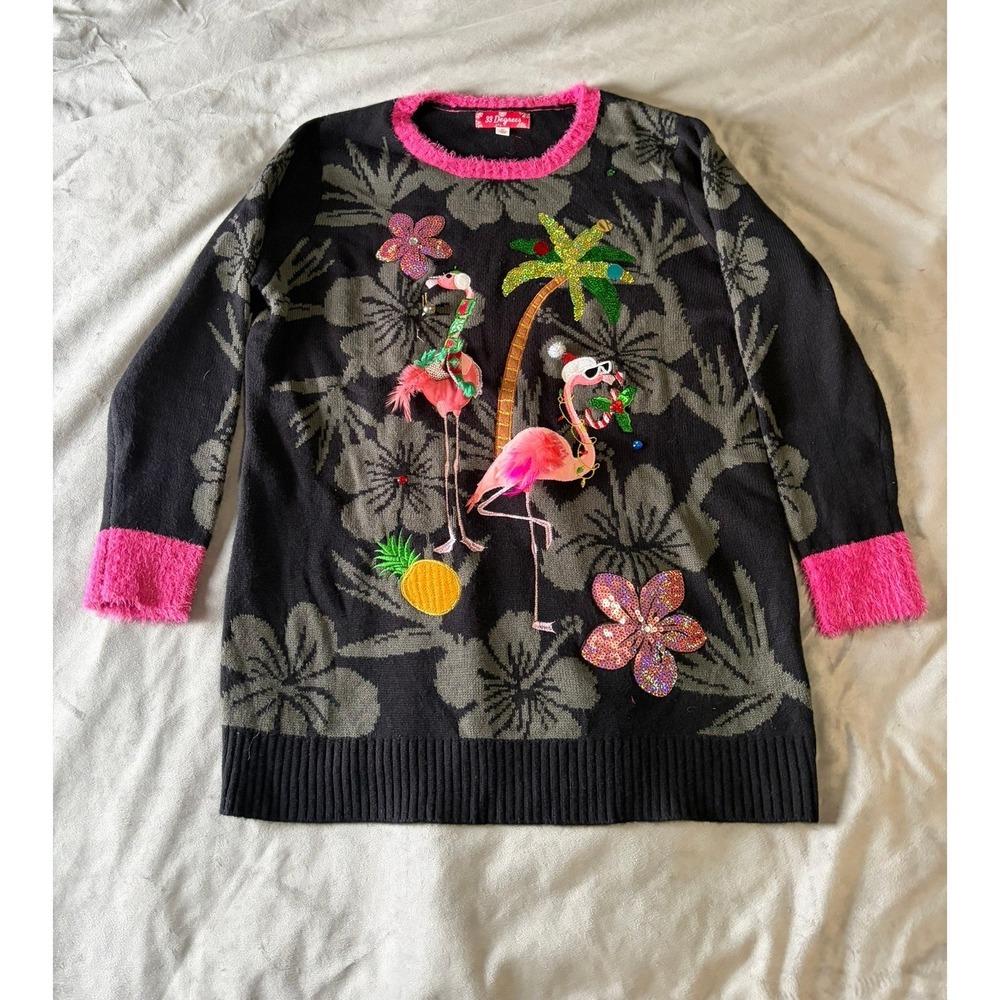33 Degrees Flamingo Christmas Sweater Womens 2X Black Pink Tropical Ugly Holiday - Picture 1 of 3